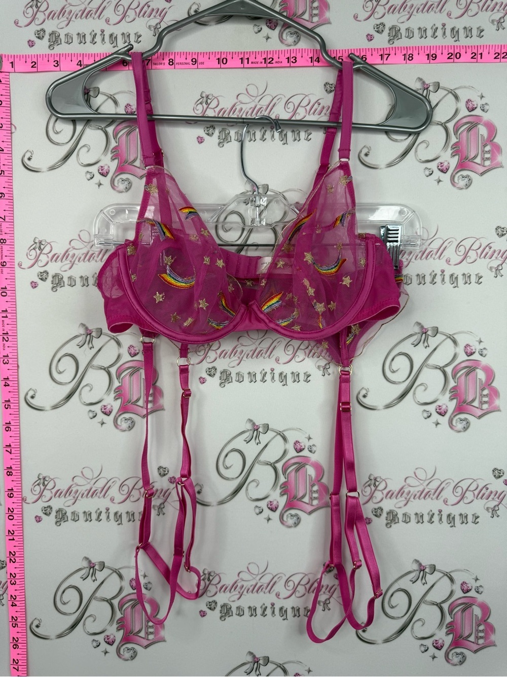 Playful promises 2 piece set  Fuchsia Embroidered Underwire Bra & Garter Straps